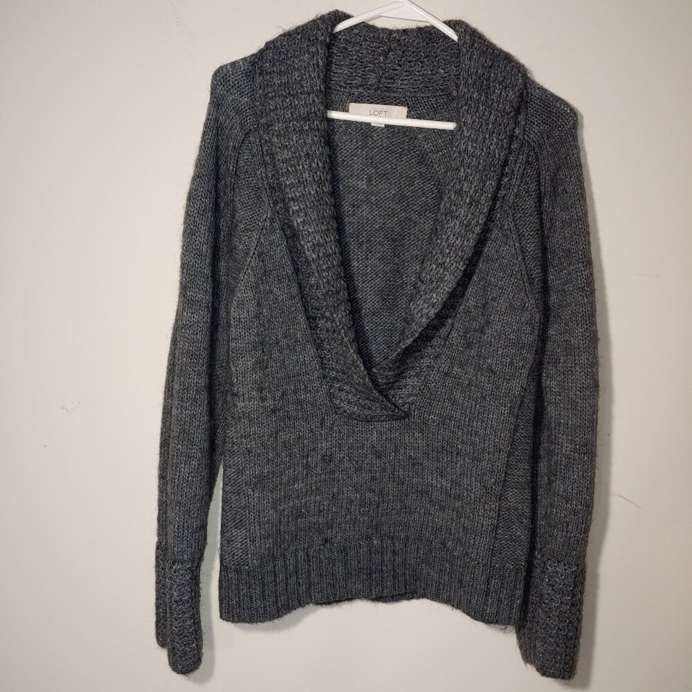 Ann Taylor LOFT Alpaca Wool Blend Knit Shawl Collar Sweater Sz M Grey